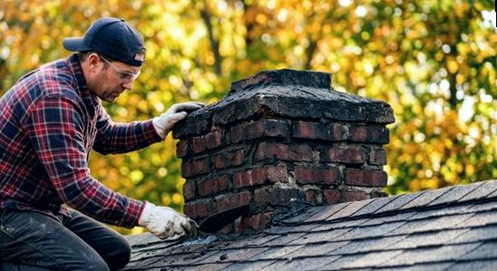 Weathered brick chimney mended under autumn light