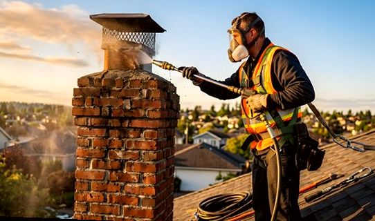 Respirator-equipped technician treating a chimney cap