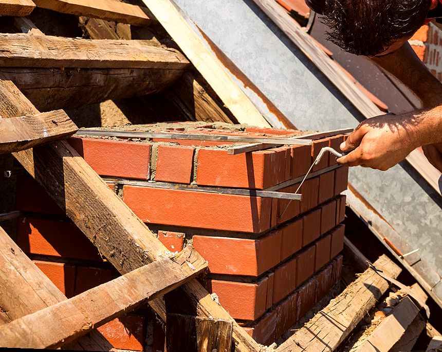 Mason raising a brick stack through open rafters