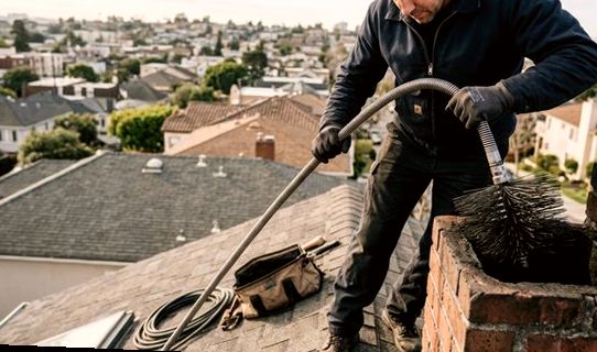 Chimney technician working a flexible brush above Culver City rooftops