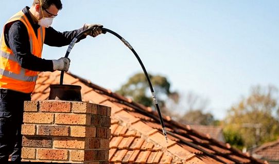 Technician rodding a clay pot flue on a Culver City roof